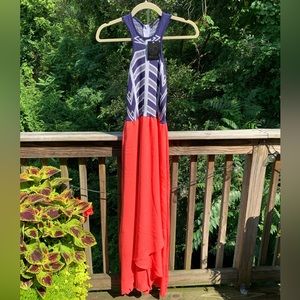 nwt Jacquard Knit High-Low Maxi Dress | Coral, Navy, White | Medium